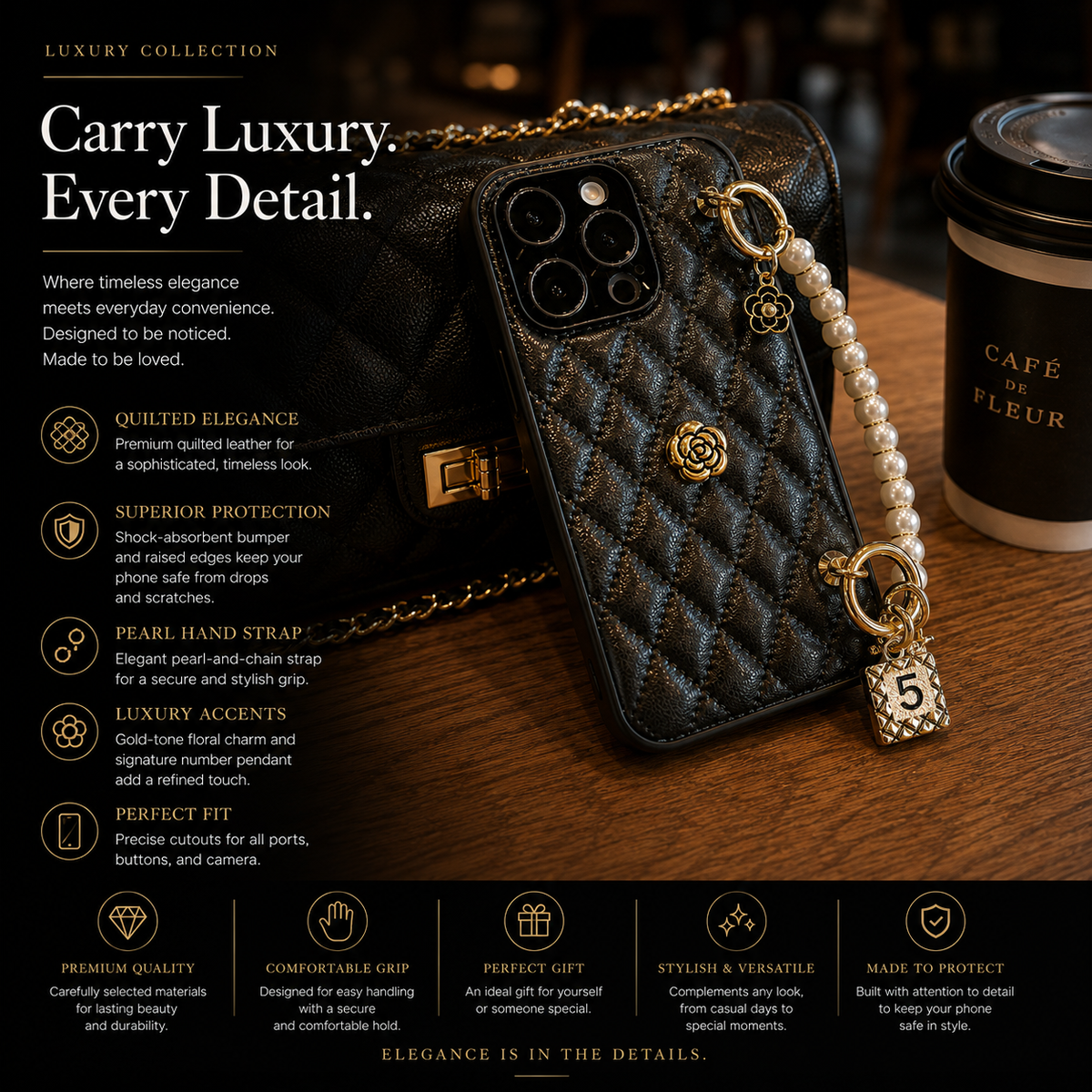 Premium Luxury iPhone Case 3D Camellia Floral Cover Chain Strap Shockproof Protective Design Slim Lightweight Elegant Finish Style Fashion Collection