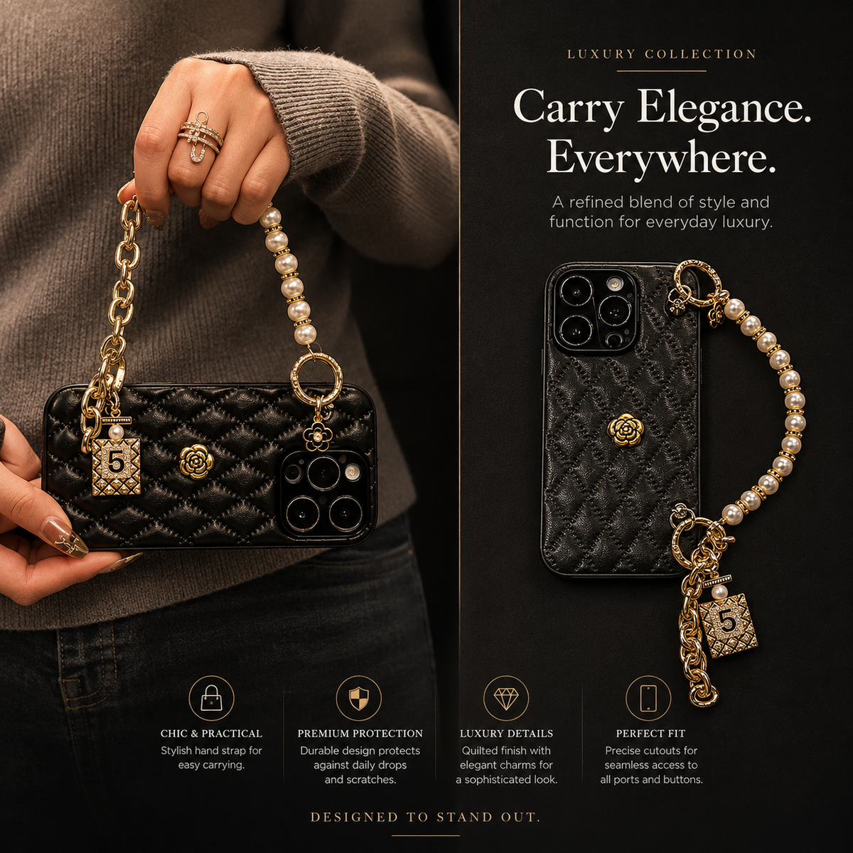 Premium Luxury iPhone Case 3D Camellia Floral Cover Chain Strap Shockproof Protective Design Slim Lightweight Elegant Finish Style Fashion Collection