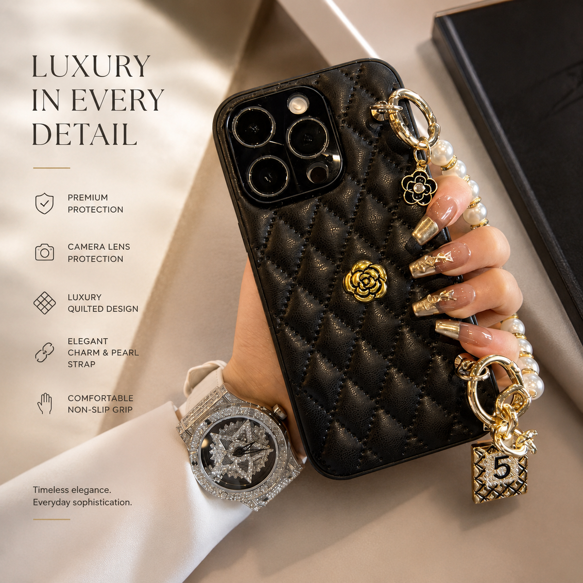 Premium Luxury iPhone Case 3D Camellia Floral Cover Chain Strap Shockproof Protective Design Slim Lightweight Elegant Finish Style Fashion Collection