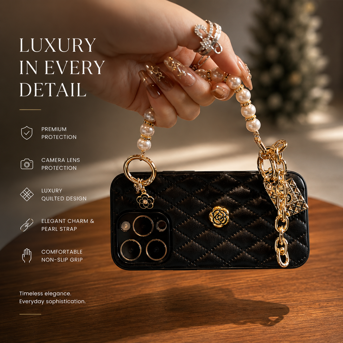 Premium Luxury iPhone Case 3D Camellia Floral Cover Chain Strap Shockproof Protective Design Slim Lightweight Elegant Finish Style Fashion Collection