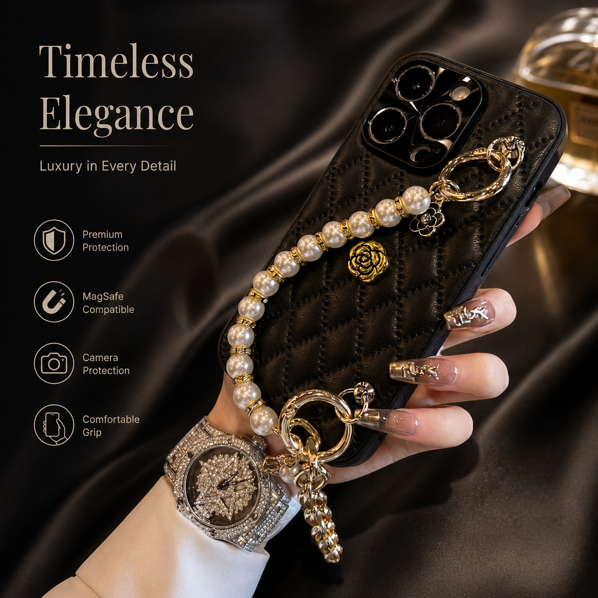 Premium Luxury iPhone Case 3D Camellia Floral Cover Chain Strap Shockproof Protective Design Slim Lightweight Elegant Finish Style Fashion Collection