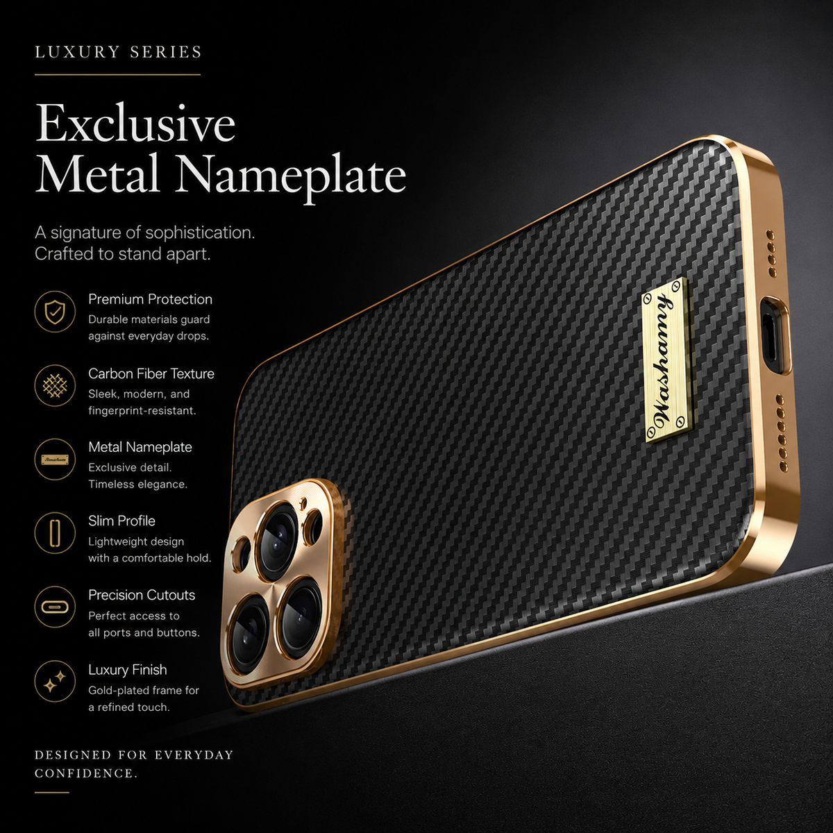 Premium Luxury iPhone Case Carbon Fiber Textured Leather Cover Alloy Metal Lens Guard Shockproof Slim Fit Wireless Charging Compatible Durable Design Finish