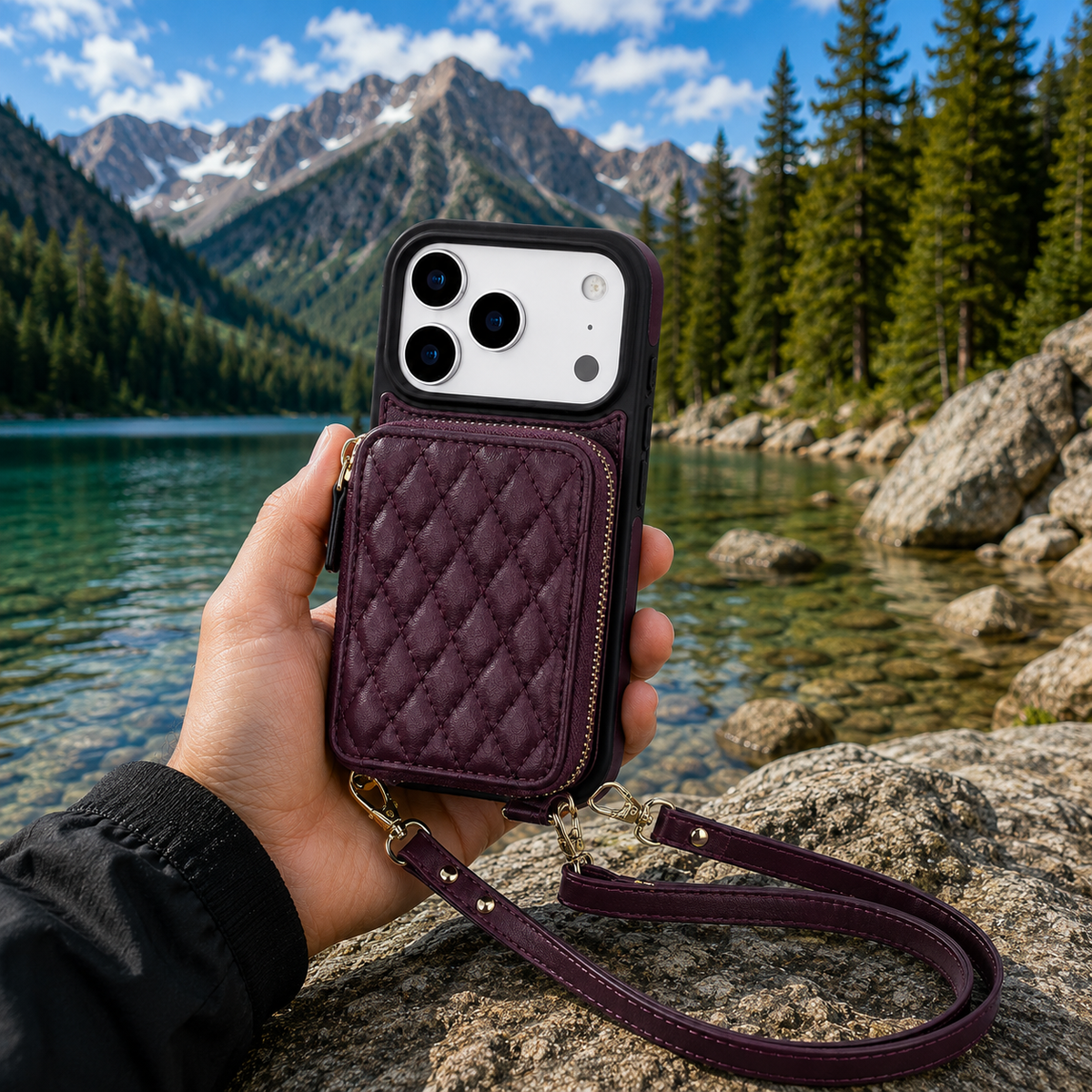 Premium Luxury iPhone Case Crossbody RFID Blocking Folio Wallet Cover Zipper Handbag Card Holder Kickstand Wrist Strap Lanyard Protective Design