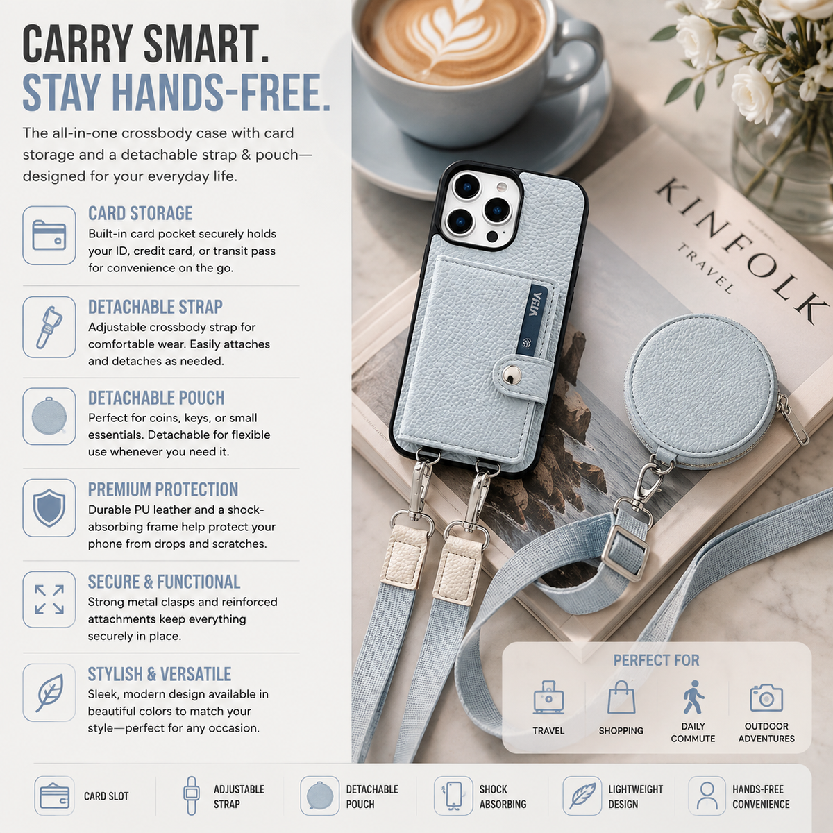 Premium Luxury iPhone Case Crossbody Wallet Cover PU Leather Card Holder Coin Pocket RFID Protection Shoulder Strap Shockproof Full Protection Slim Design Finish