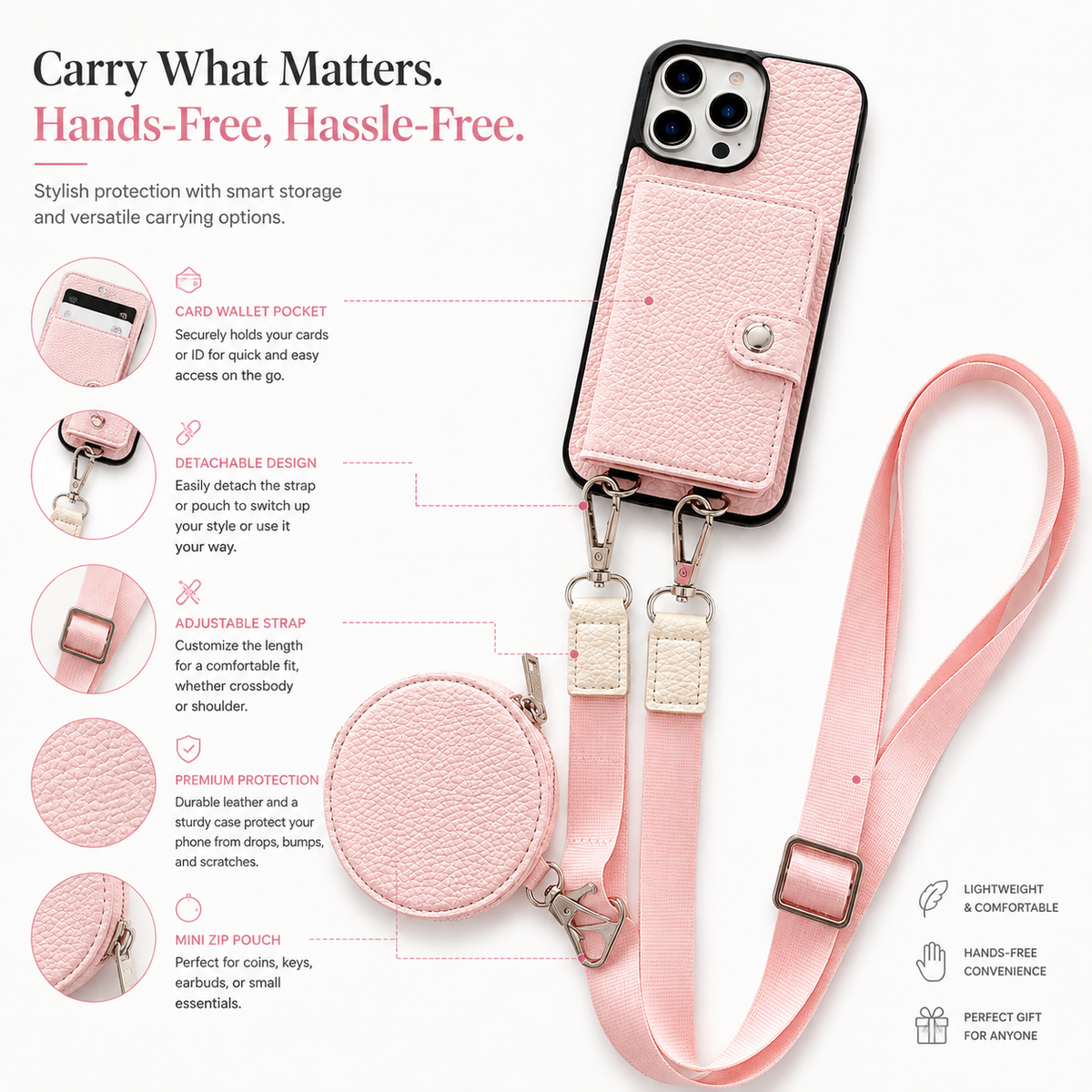 Premium Luxury iPhone Case Crossbody Wallet Cover PU Leather Card Holder Coin Pocket RFID Protection Shoulder Strap Shockproof Full Protection Slim Design Finish