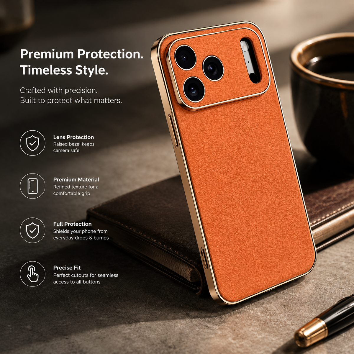 Premium Luxury iPhone Case Genuine Cowhide Leather Cover Shockproof Frame Full Camera Lens Protection Anti Slip Matte Finish Slim Protective Design