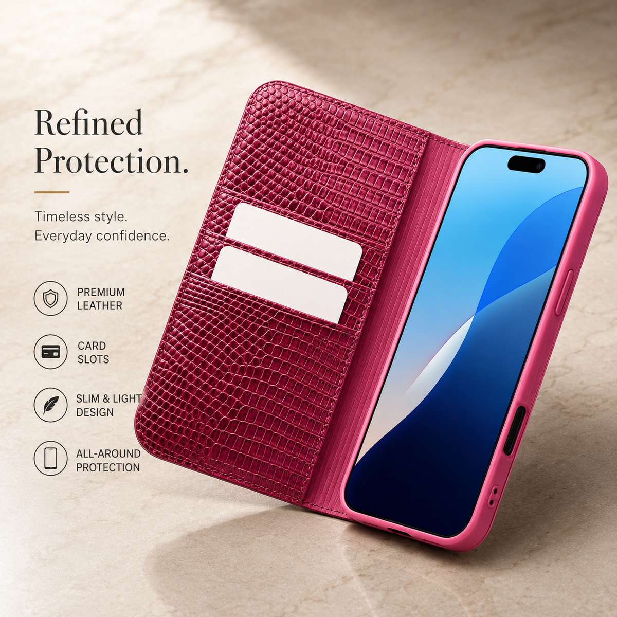 Premium Luxury iPhone Case Genuine Cowhide Leather Flip Cover Crocodile Grain Wallet Card Holder Magnetic Closure Shockproof Full Body Protection Slim Design Finish