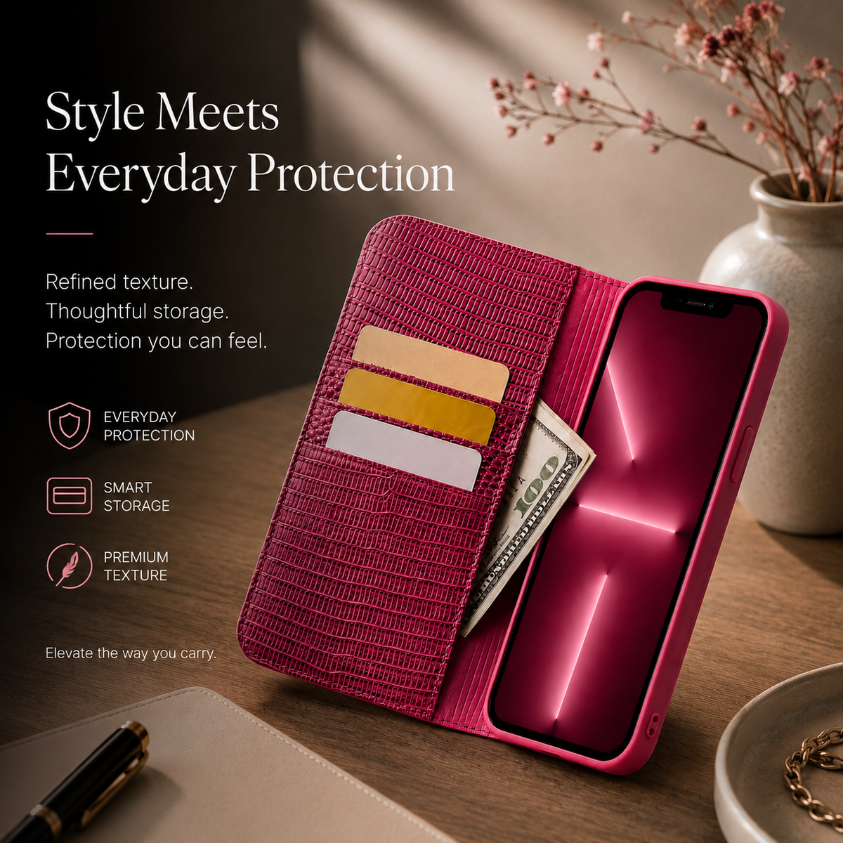 Premium Luxury iPhone Case Genuine Leather Flip Cover Card Slot Ultra Slim Shockproof Full Protection Durable Design Finish Magnetic Closure