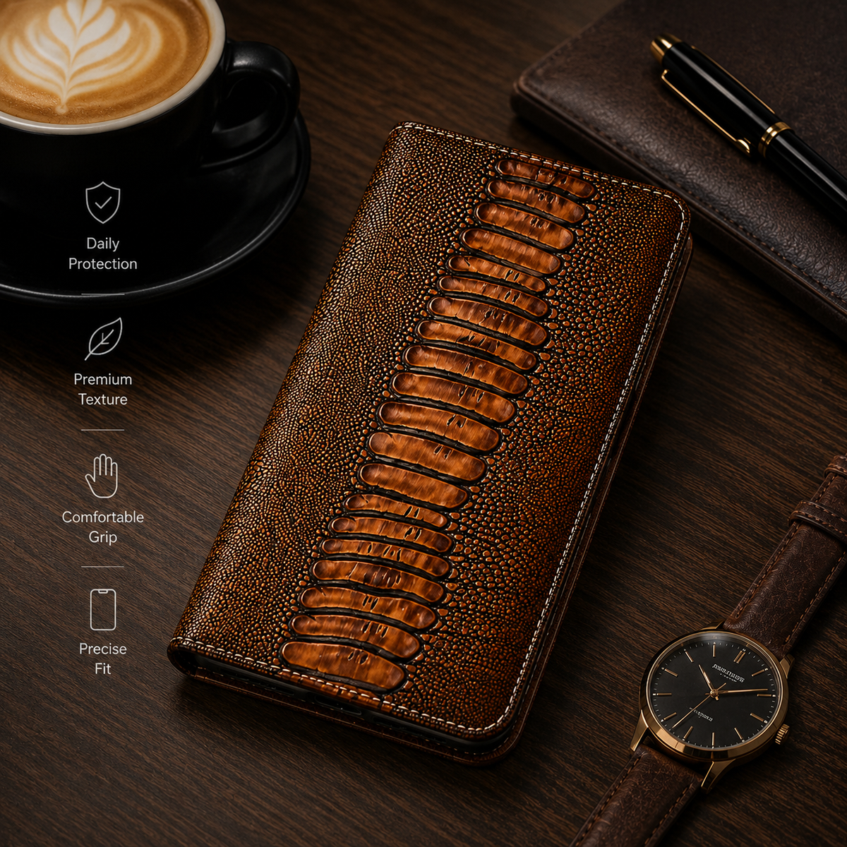 Premium Luxury iPhone Case Genuine Leather Flip Wallet Cover Card Holder Magnetic Closure Shockproof Full Body Protection Slim Elegant Design Finish