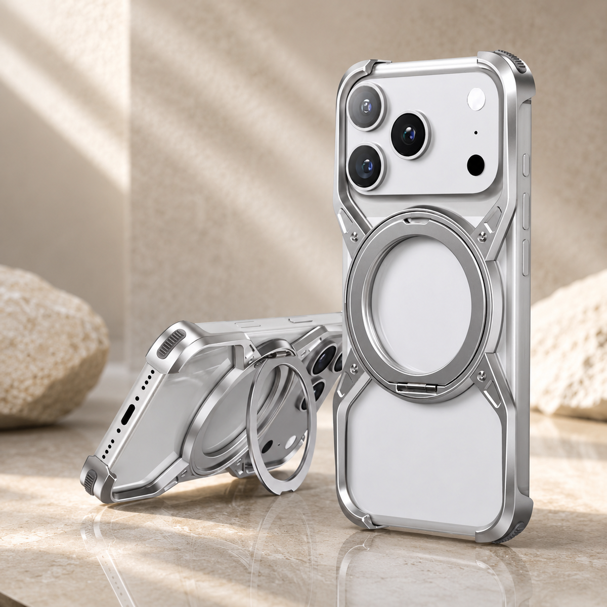 Premium Luxury iPhone Case MagSafe Compatible Aluminum Bumper Frame Cover 360° Rotating Ring Stand Shockproof Camera Protection Slim Design Finish