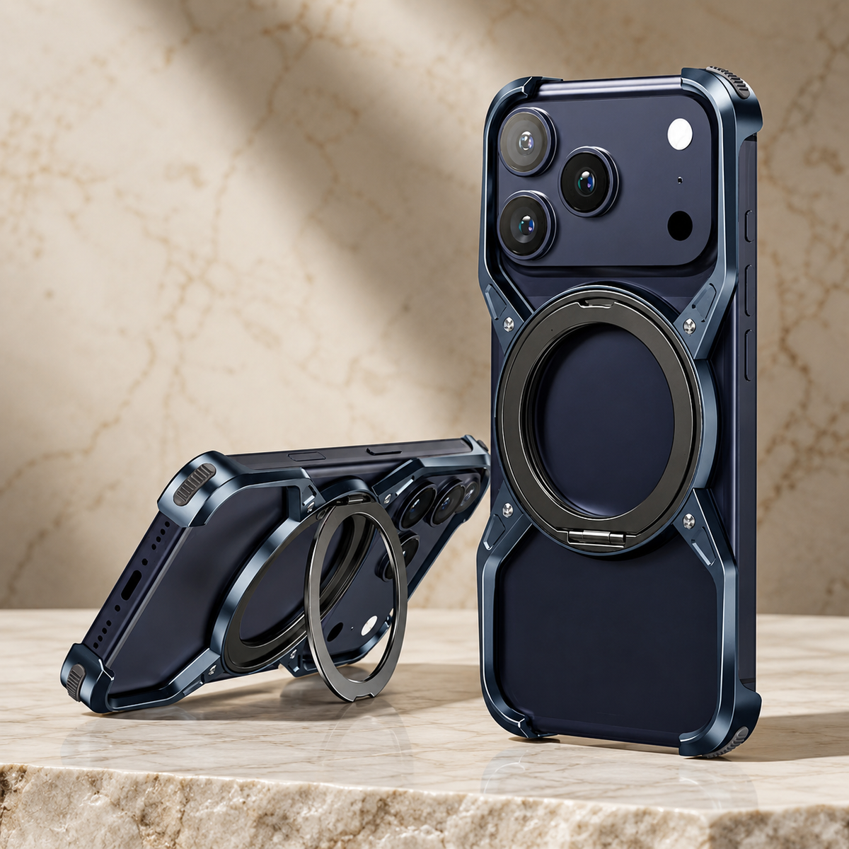 Premium Luxury iPhone Case MagSafe Compatible Aluminum Bumper Frame Cover 360° Rotating Ring Stand Shockproof Camera Protection Slim Design Finish