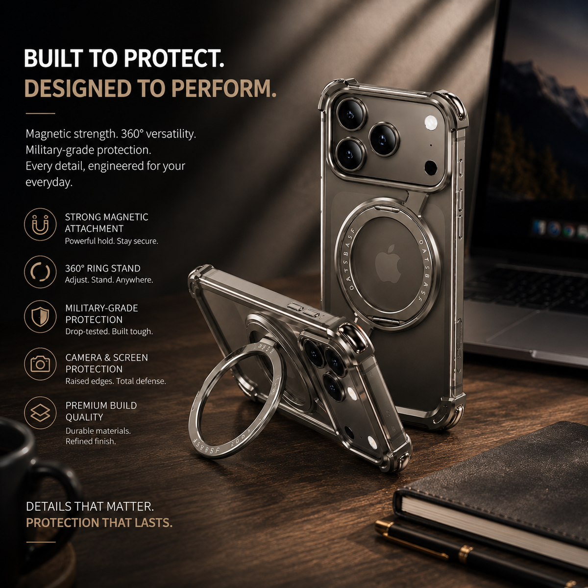 Premium Luxury iPhone Case MagSafe Compatible Aluminum Magnetic Cover Frameless Shockproof 360° Rotating Ring Stand Camera Protection Slim Design Finish