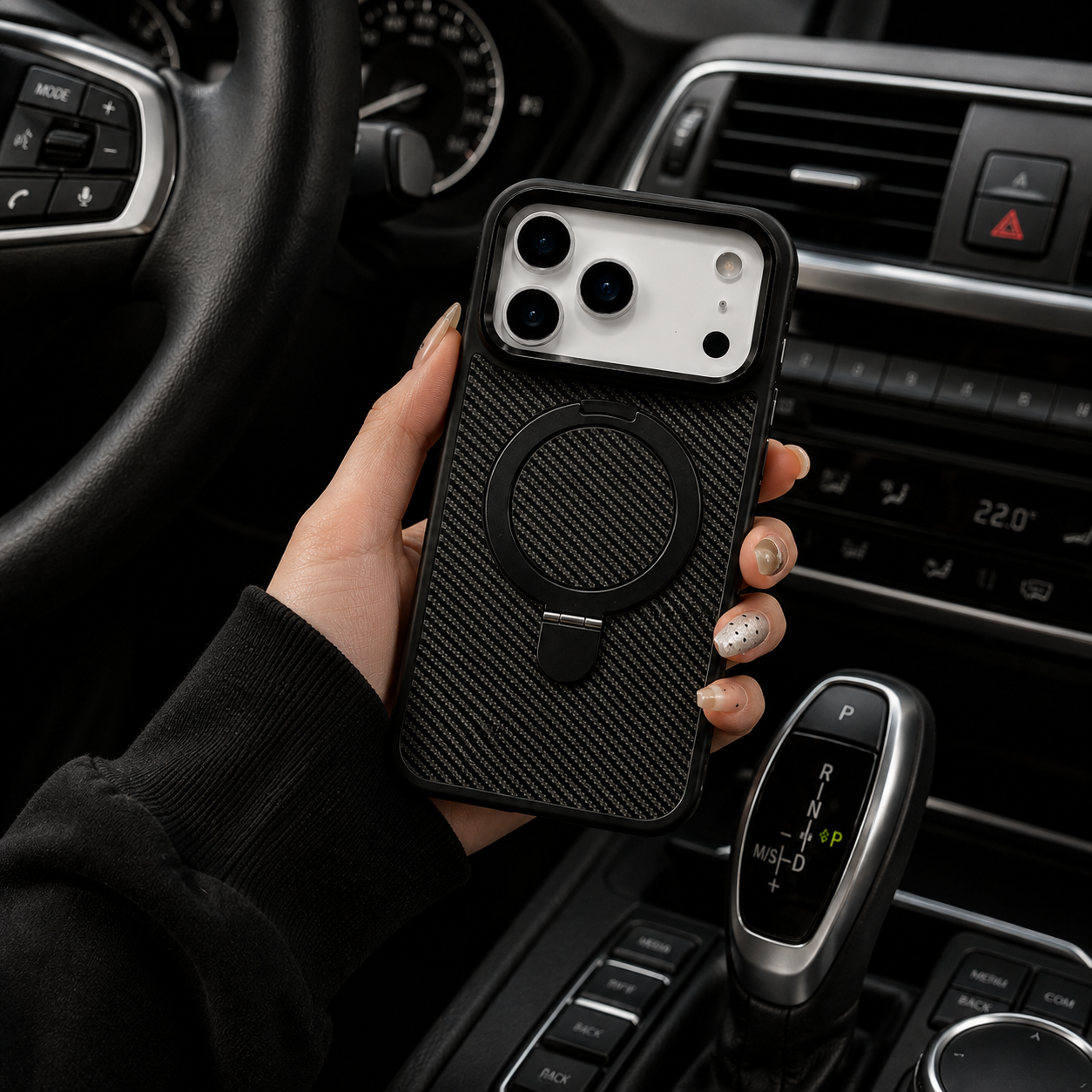 Premium Luxury iPhone Case MagSafe Compatible Carbon Fiber Texture Magnetic Stand Holder Cover Shockproof Half Wrapped PC Protective Durable Design