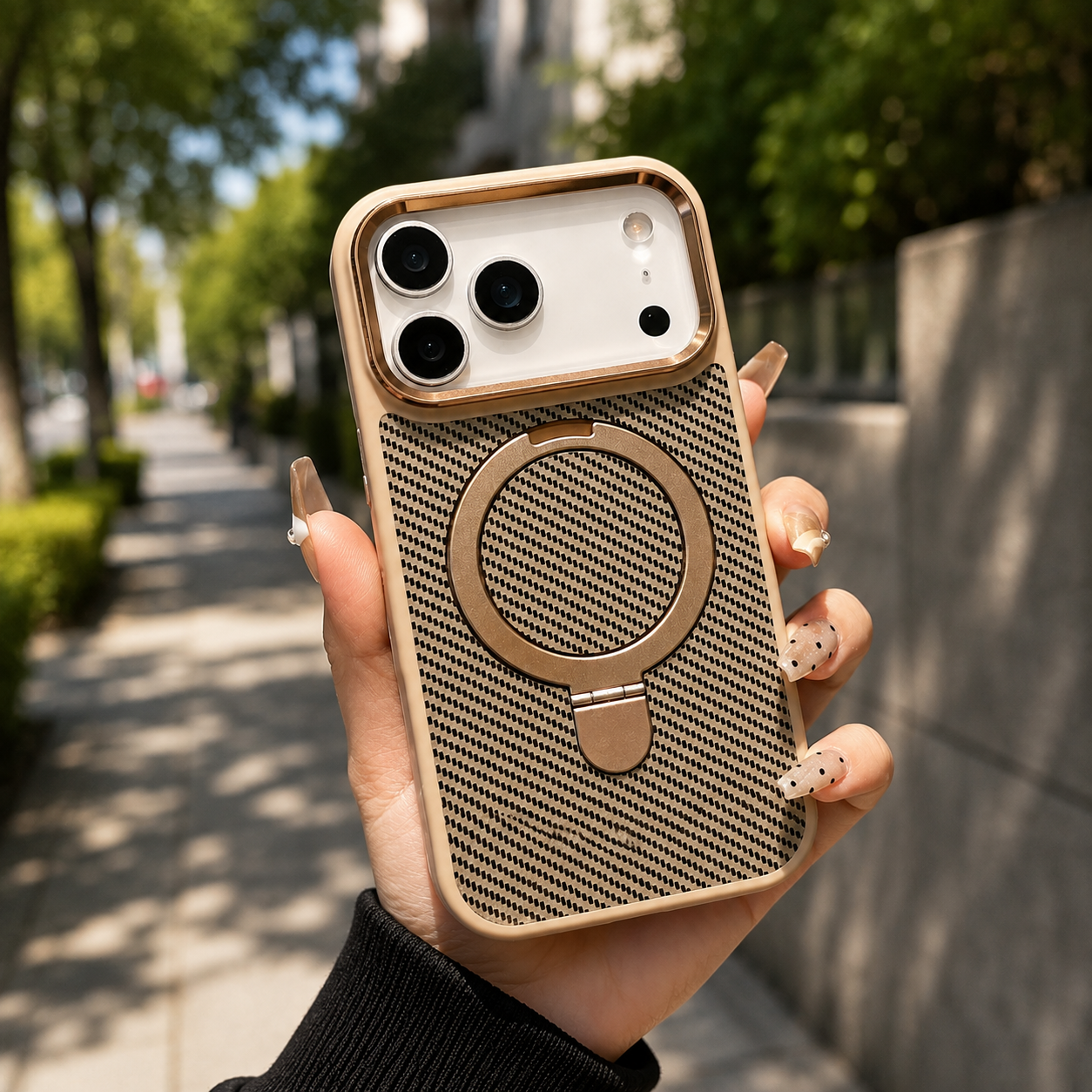 Premium Luxury iPhone Case MagSafe Compatible Carbon Fiber Texture Magnetic Stand Holder Cover Shockproof Half Wrapped PC Protective Durable Design
