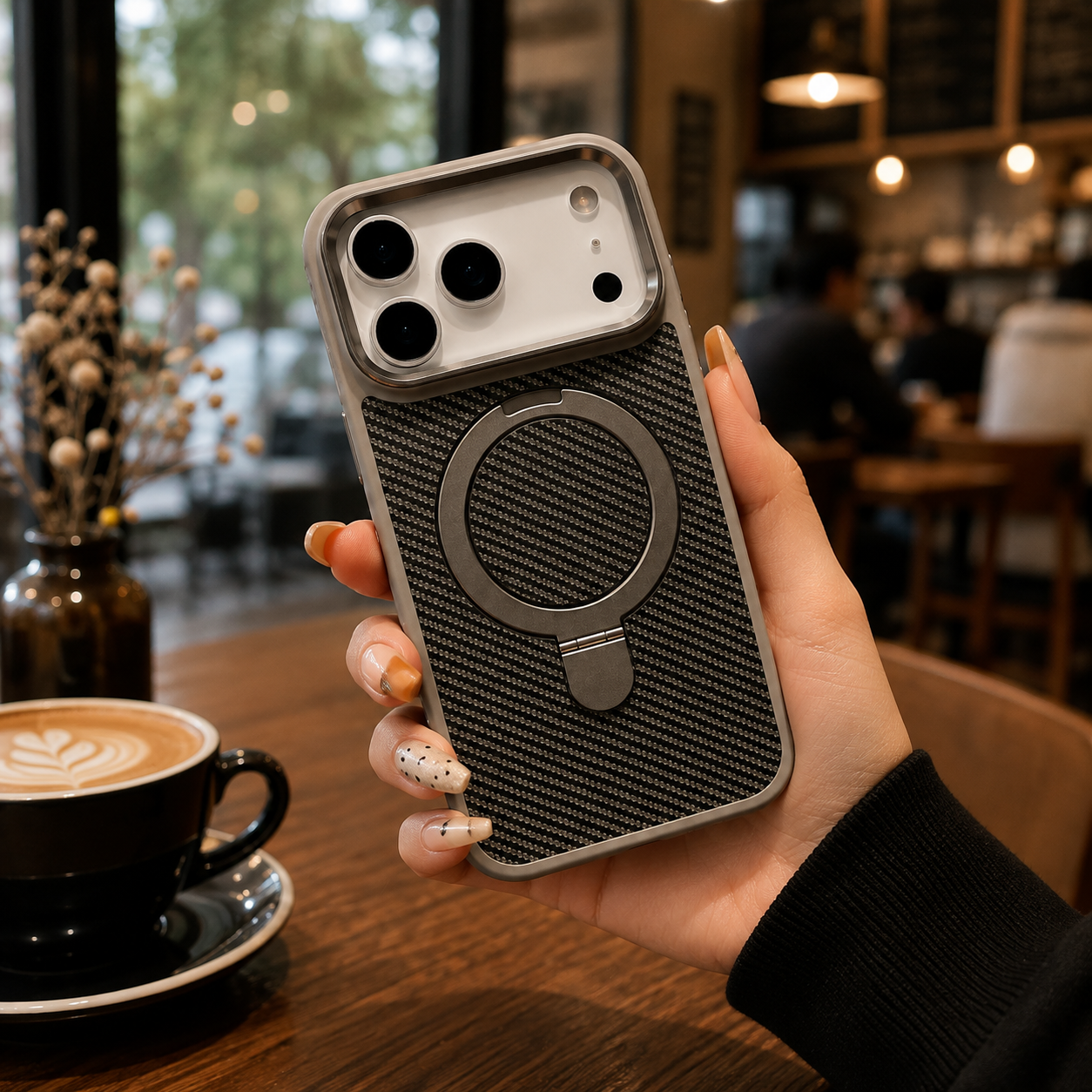 Premium Luxury iPhone Case MagSafe Compatible Carbon Fiber Texture Magnetic Stand Holder Cover Shockproof Half Wrapped PC Protective Durable Design