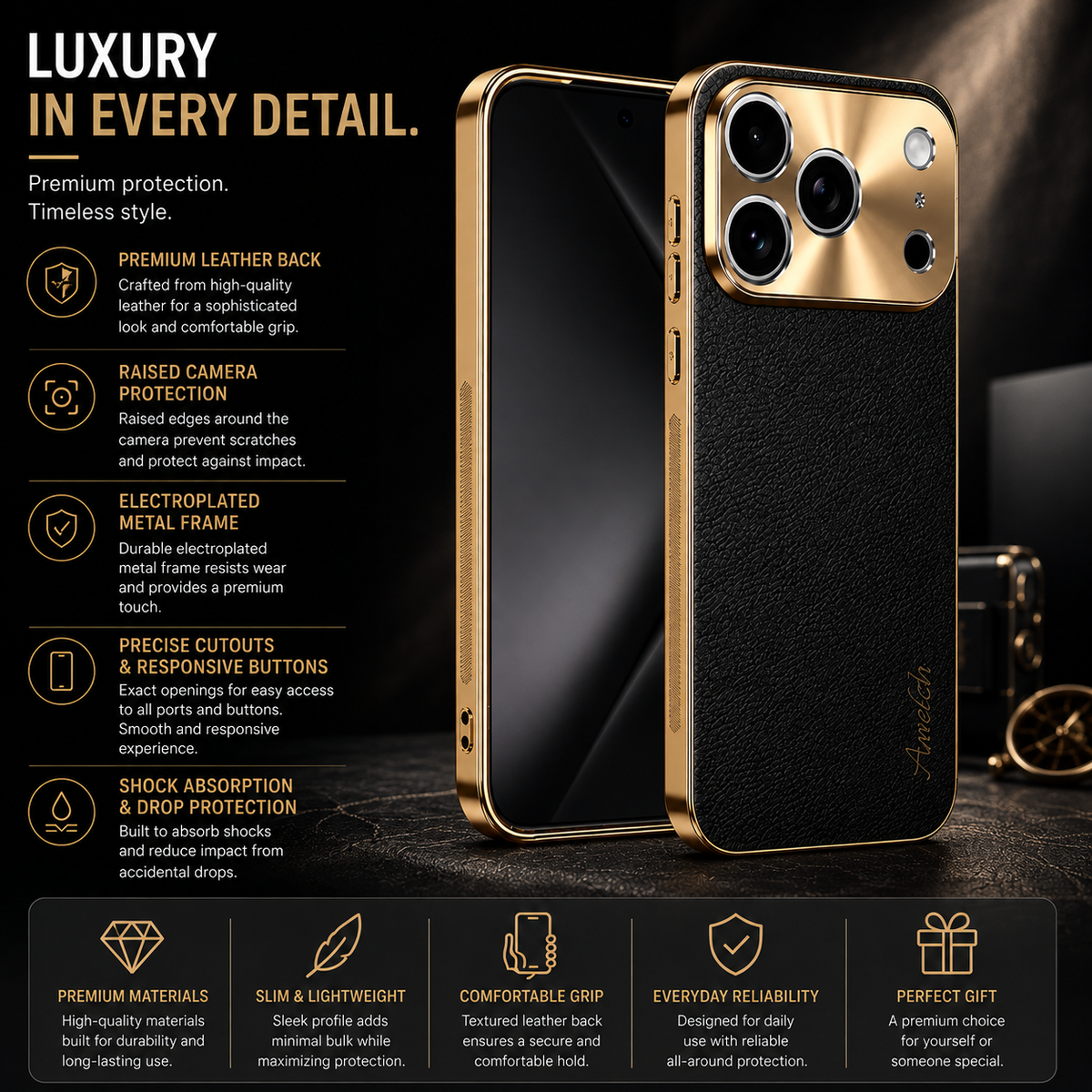 Premium Luxury iPhone Case MagSafe Compatible Lychee Texture Leather Cover Electroplated Frame Shockproof Camera Protection Full Coverage Slim Design Finish
