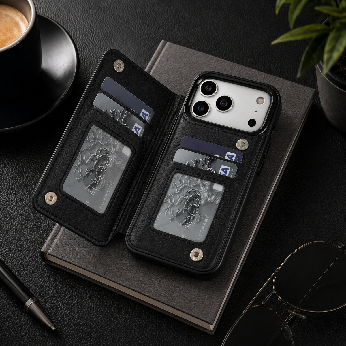 Premium Luxury iPhone Case Magnetic Flip Wallet Cover Faux Leather Card Holder Kickstand Shockproof Full Body Camera Protection Slim Design Finish