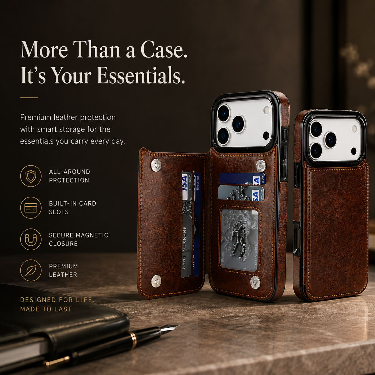 Premium Luxury iPhone Case Magnetic Flip Wallet Cover Faux Leather Card Holder Kickstand Shockproof Full Body Camera Protection Slim Design Finish