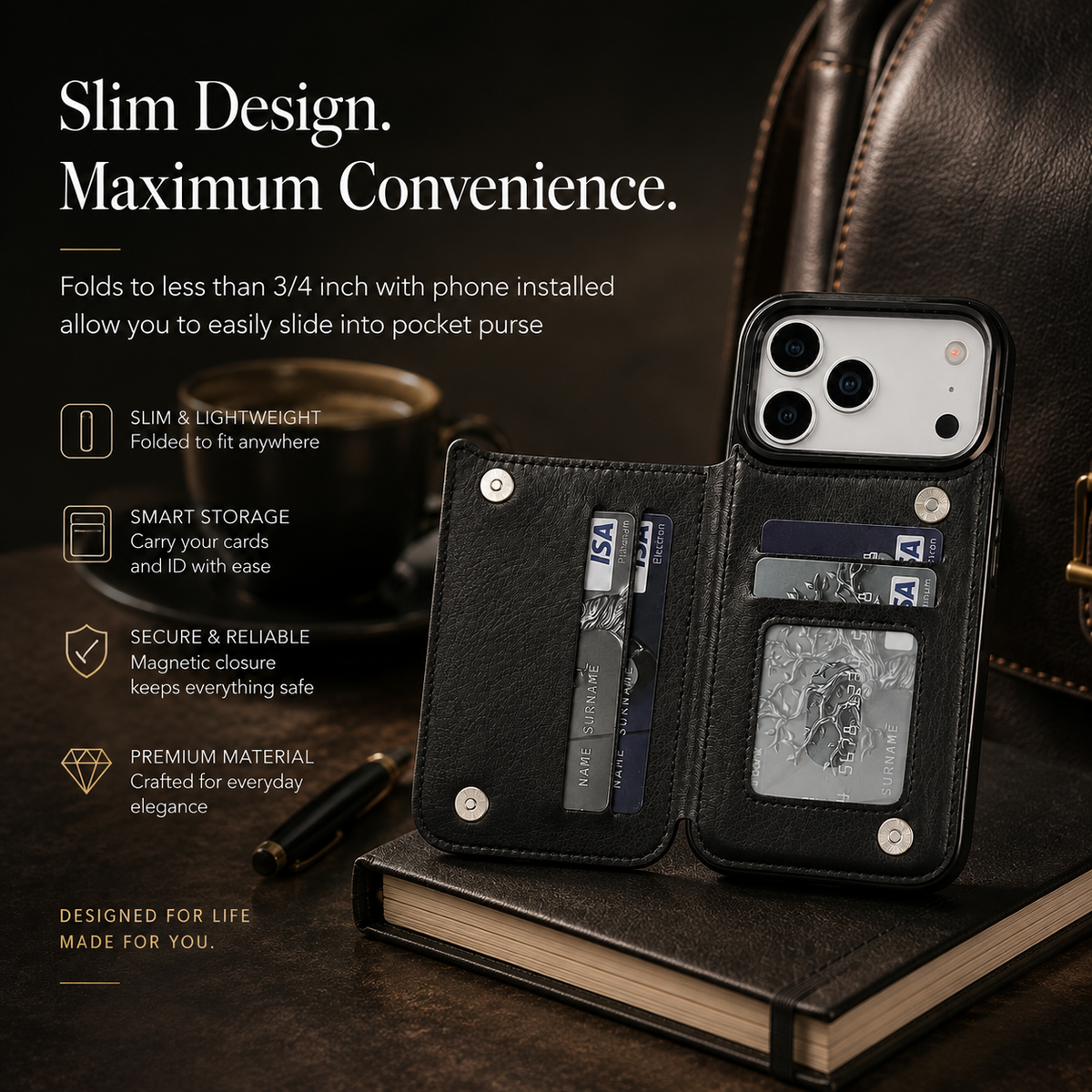 Premium Luxury iPhone Case Magnetic Flip Wallet Cover Faux Leather Card Holder Kickstand Shockproof Full Body Camera Protection Slim Design Finish