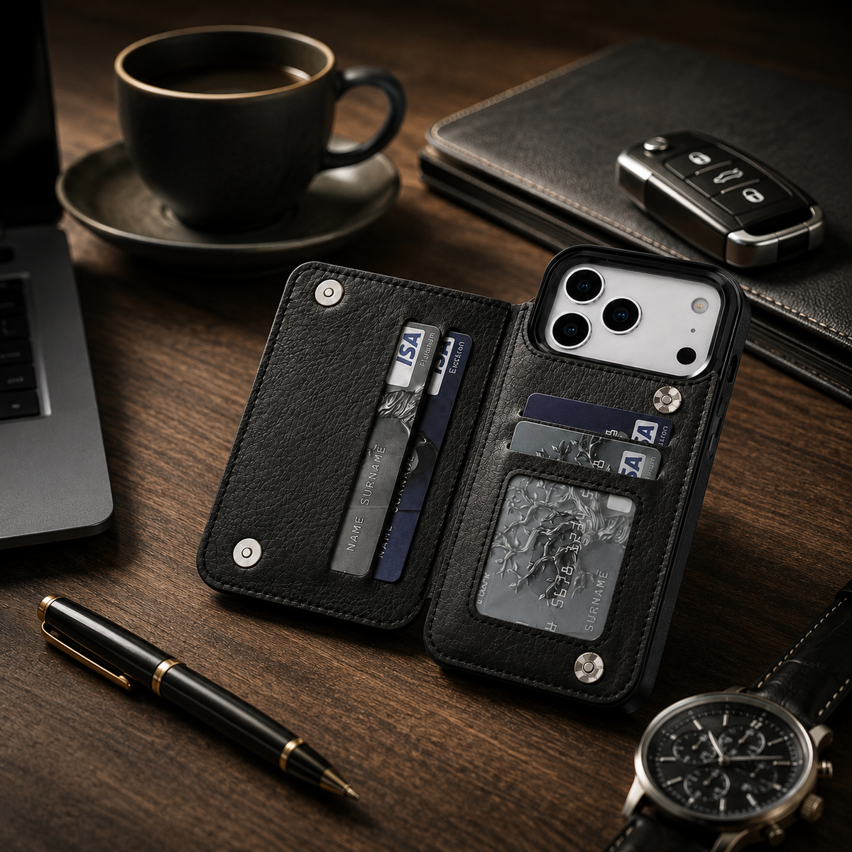 Premium Luxury iPhone Case Magnetic Flip Wallet Cover Faux Leather Card Holder Kickstand Shockproof Full Body Camera Protection Slim Design Finish