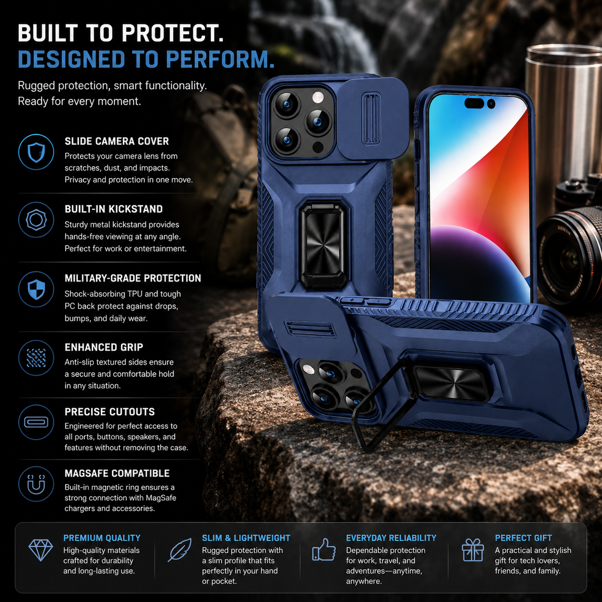 Premium Luxury iPhone Case Shockproof Cover Full Body Protection Sliding Camera Lens Guard Rotary Stand Anti Slip Grip Durable Design Finish