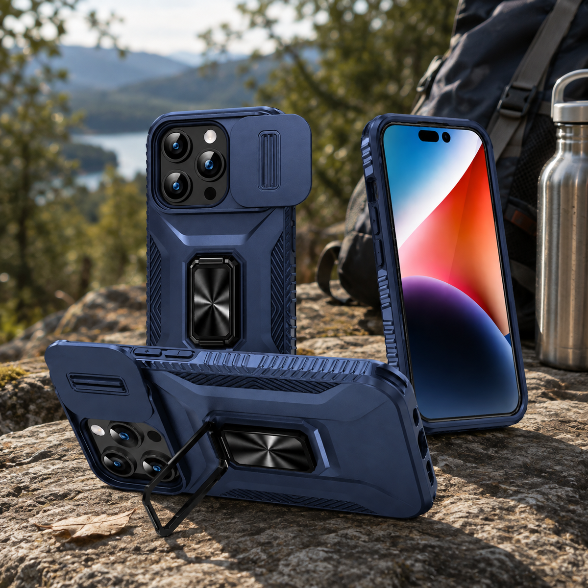 Premium Luxury iPhone Case Shockproof Cover Full Body Protection Sliding Camera Lens Guard Rotary Stand Anti Slip Grip Durable Design Finish