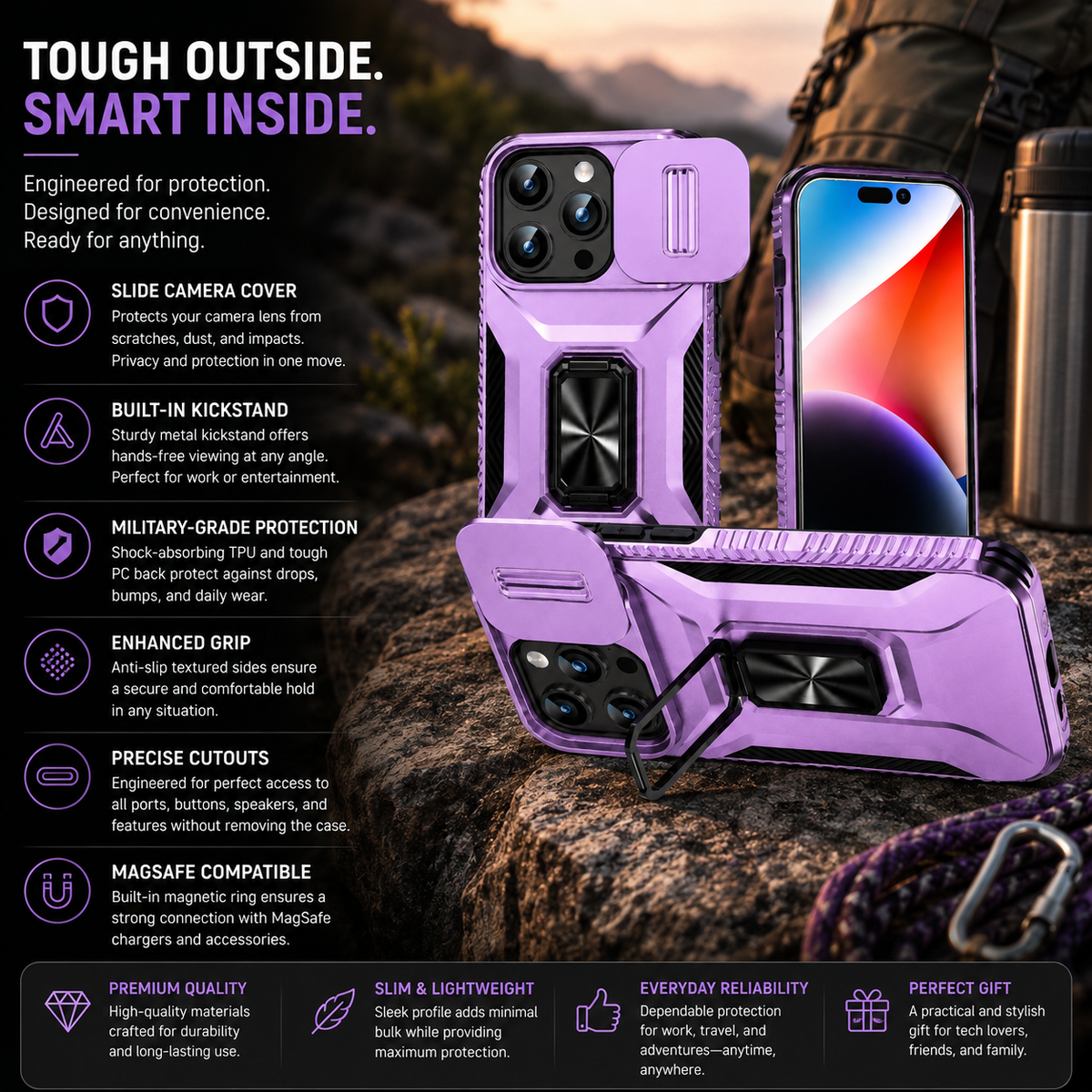 Premium Luxury iPhone Case Shockproof Cover Full Body Protection Sliding Camera Lens Guard Rotary Stand Anti Slip Grip Durable Design Finish