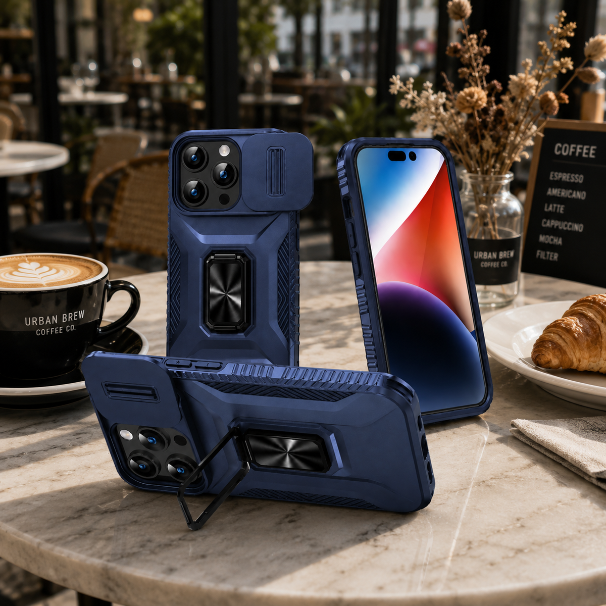 Premium Luxury iPhone Case Shockproof Cover Full Body Protection Sliding Camera Lens Guard Rotary Stand Anti Slip Grip Durable Design Finish