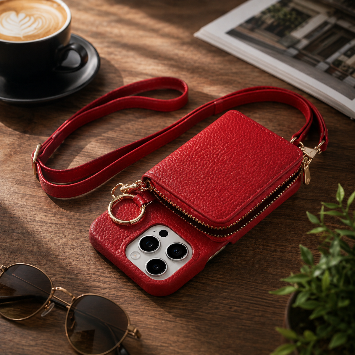 Premium Luxury iPhone Case Zipper Wallet Crossbody Cover PU Leather Card Holder Lanyard Strap Magnetic Closure Shockproof Full Protection Slim Design Finish