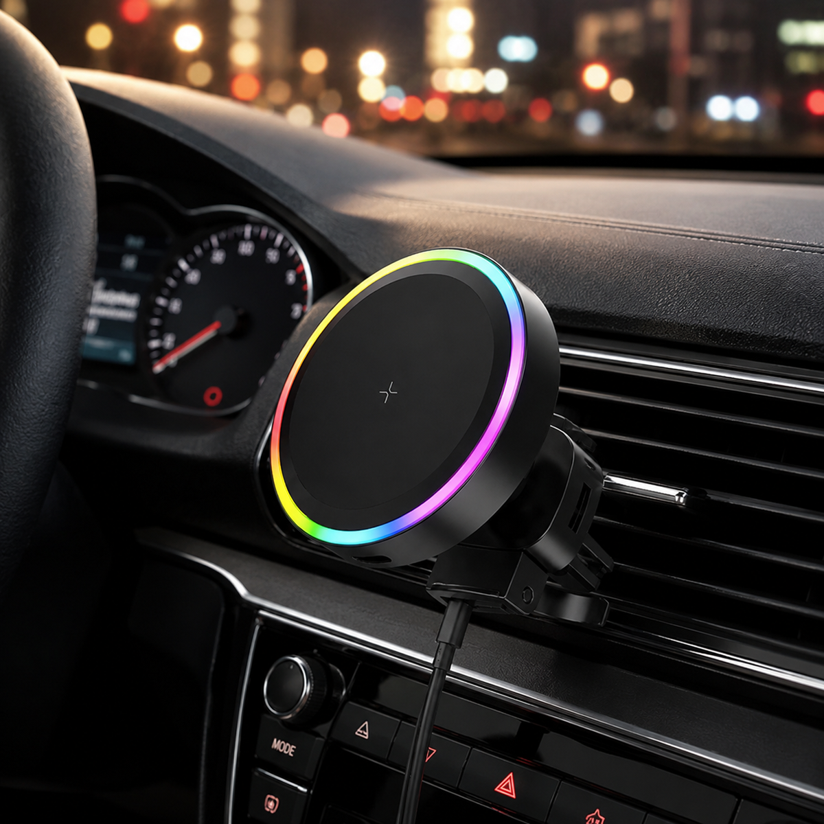 Premium RGB Magnetic Wireless Car Phone Holder 15W Qi Fast Wireless Charging Car Mount 360° Rotating Dashboard Air Vent Mount Compatible with iPhone