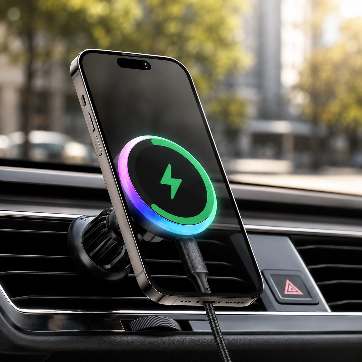 Premium RGB Magnetic Wireless Car Phone Holder 15W Qi Fast Wireless Charging Car Mount 360° Rotating Dashboard Air Vent Mount Compatible with iPhone