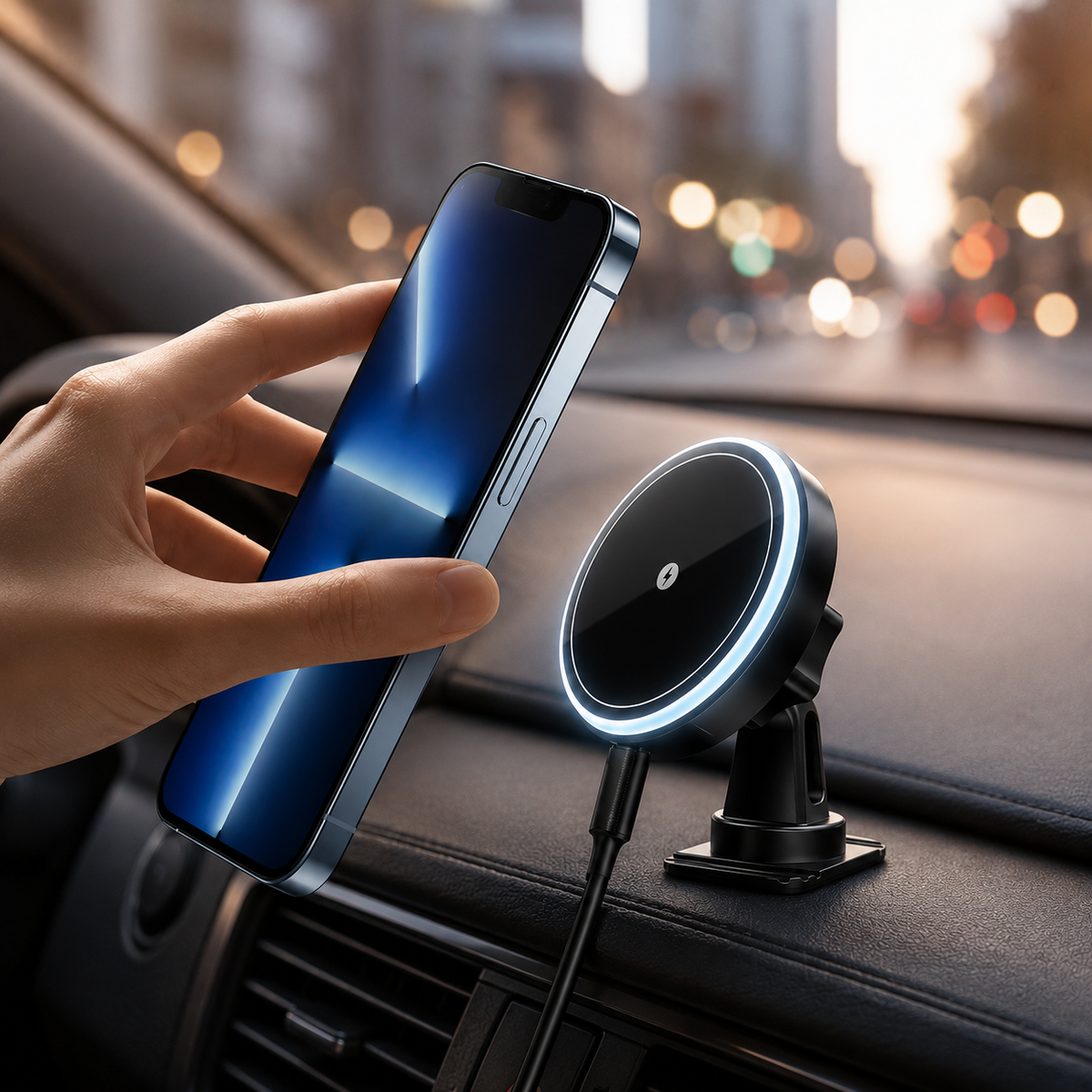 Premium RGB Magnetic Wireless Car Phone Holder 15W Qi Fast Wireless Charging Car Mount 360° Rotating Dashboard Air Vent Mount Compatible with iPhone
