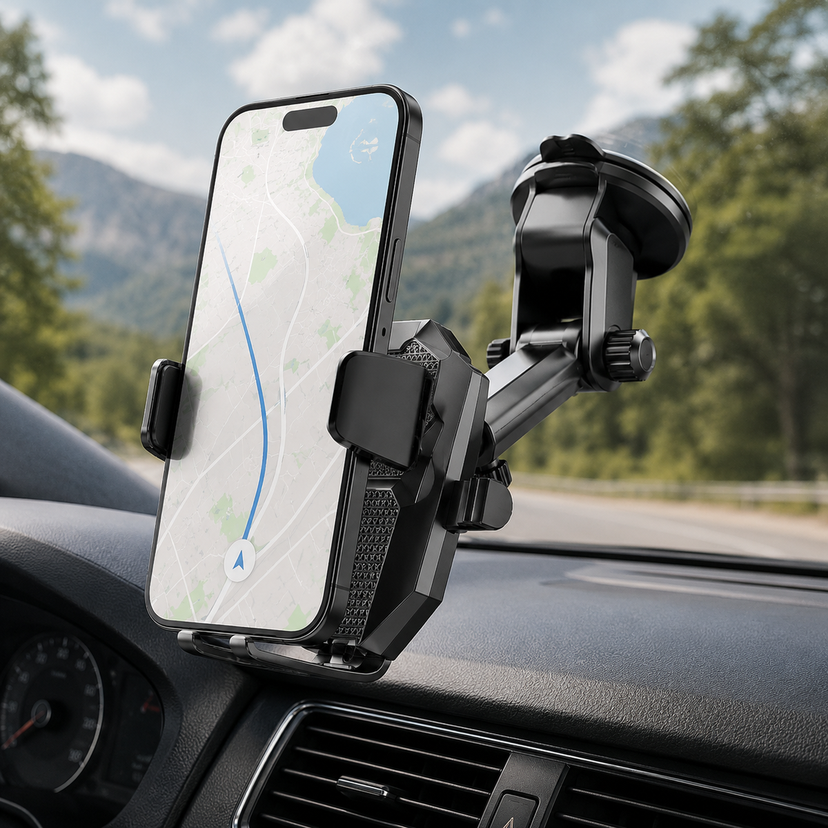 Premium Suction Cup Car Phone Holder Windshield Dashboard Phone Mount 360° Rotating Adjustable Gravity Lock Hands-Free GPS Car Stand Compatible with iPhone