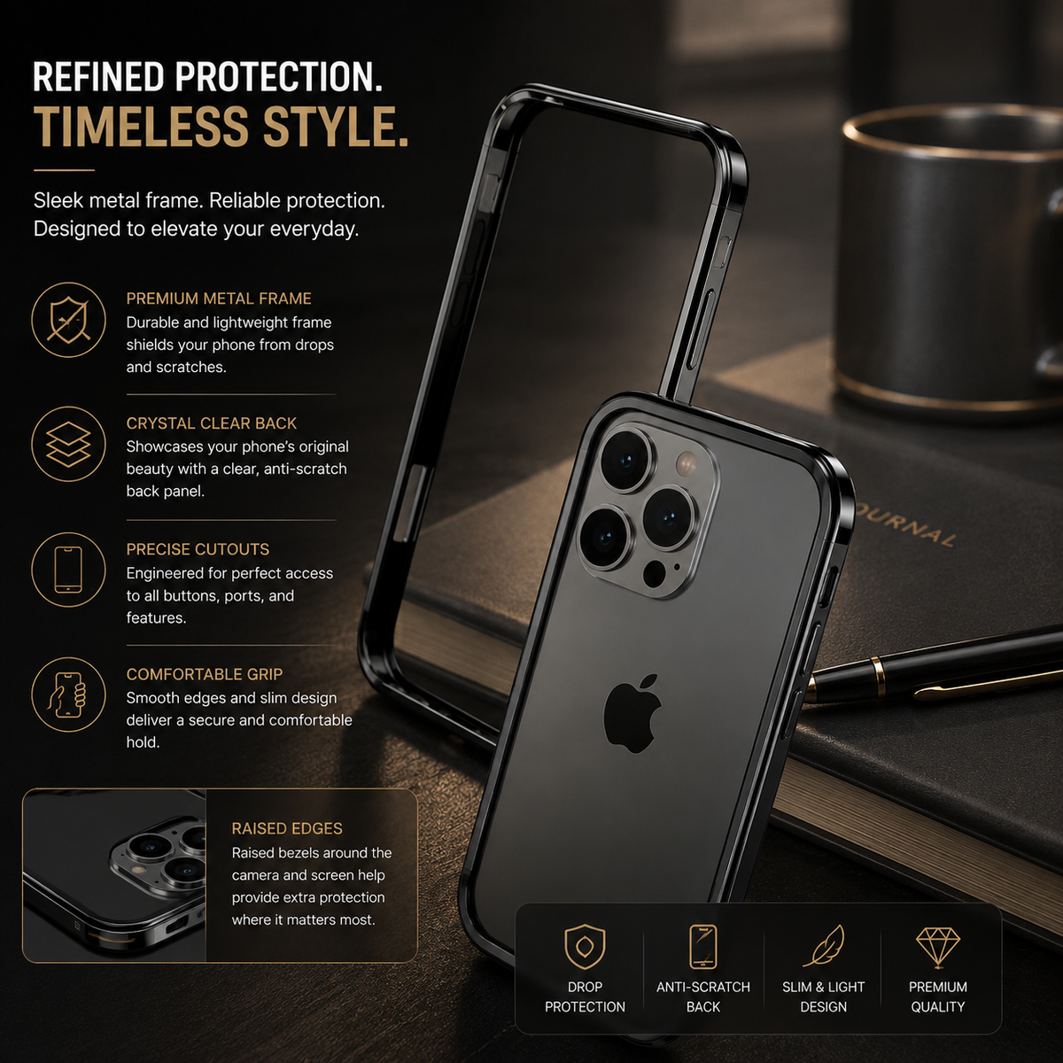 Premium iPhone Case Aluminum Metal Frame Bumper Cover with Silicone Protection Shockproof Anti Scratch Slim Half Wrapped Rugged Durable Design Build