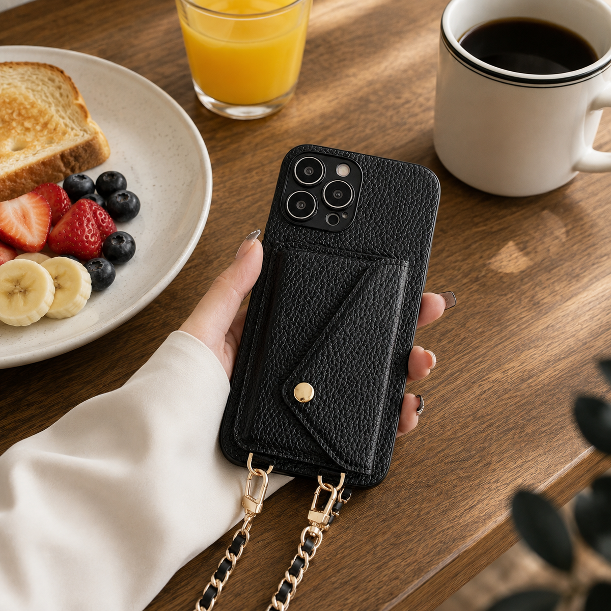 Premium iPhone Case Crossbody Wallet Cover Card Holder Chain Strap Camera Lens Protection PU Leather Shockproof Anti Scratch Full Coverage
