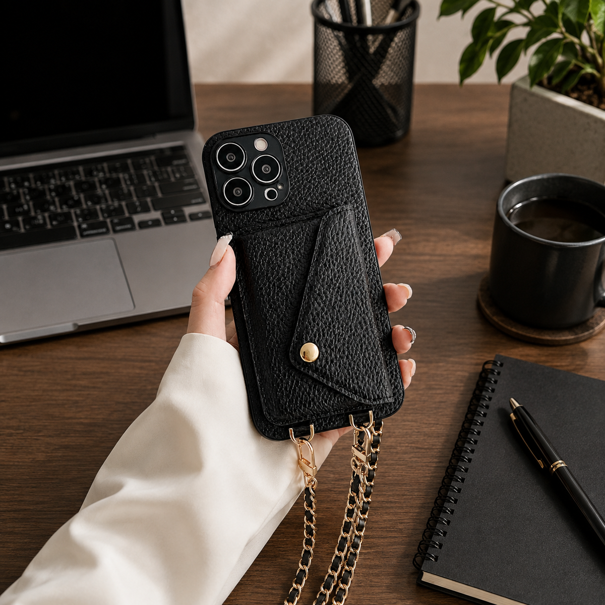 Premium iPhone Case Crossbody Wallet Cover Card Holder Chain Strap Camera Lens Protection PU Leather Shockproof Anti Scratch Full Coverage