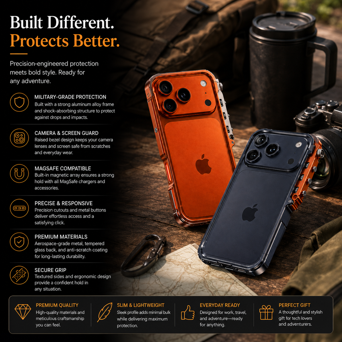 Premium iPhone Case Cyberpunk Aluminum Alloy Mechanical Bumper Metal Frame Shockproof Heavy Duty Camera Lens Protection Protective Design