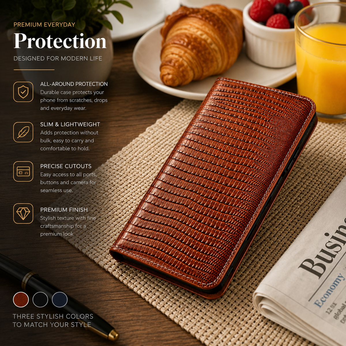 Premium iPhone Case Genuine Cowhide Leather Flip Wallet Protective Cover Crocodile Grain Card Holder Magnetic Stand Shockproof Full Body Design