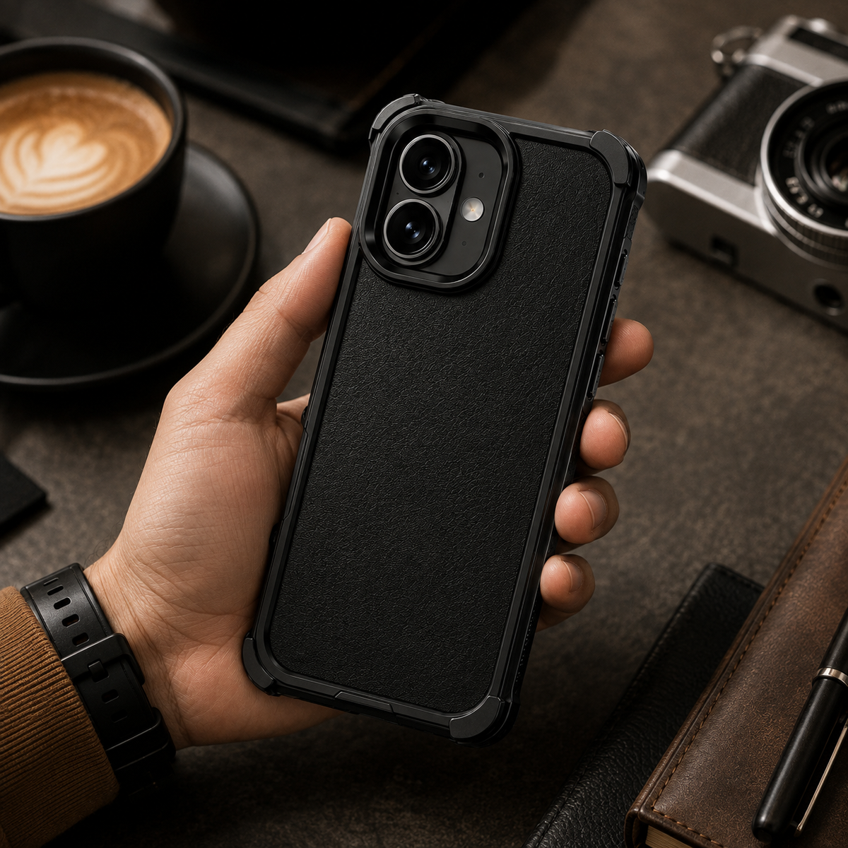 Premium iPhone Case Genuine Leather Magnetic Cover MagSafe Compatible Rotating Ring Stand Shockproof Frameless Camera Lens Protection Anti Scratch Slim Design