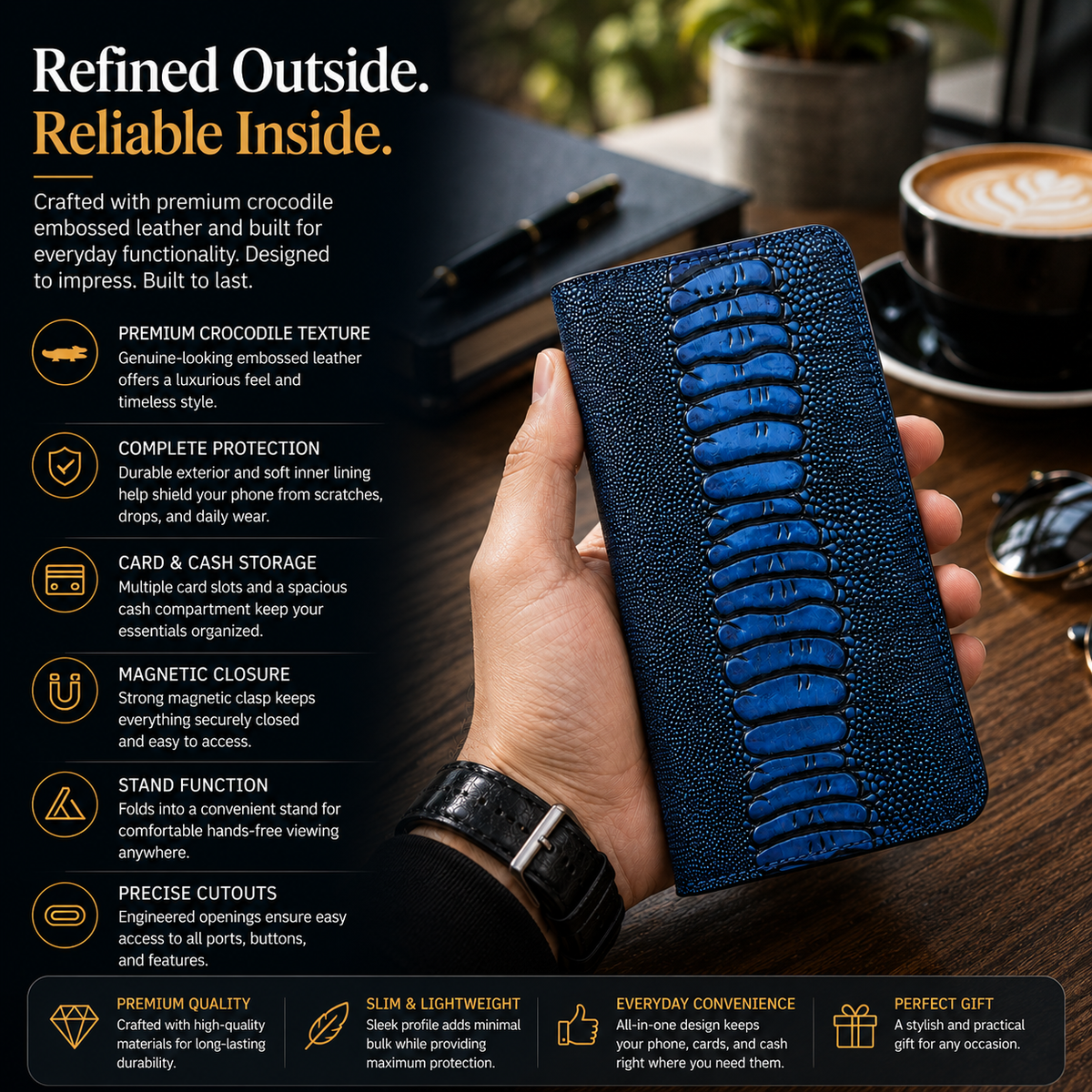 Premium iPhone Case Genuine Ostrich Leather Wallet Cover Camera Lens Protection Magnetic Card Holder Kickstand Anti Scratch Full Coverage