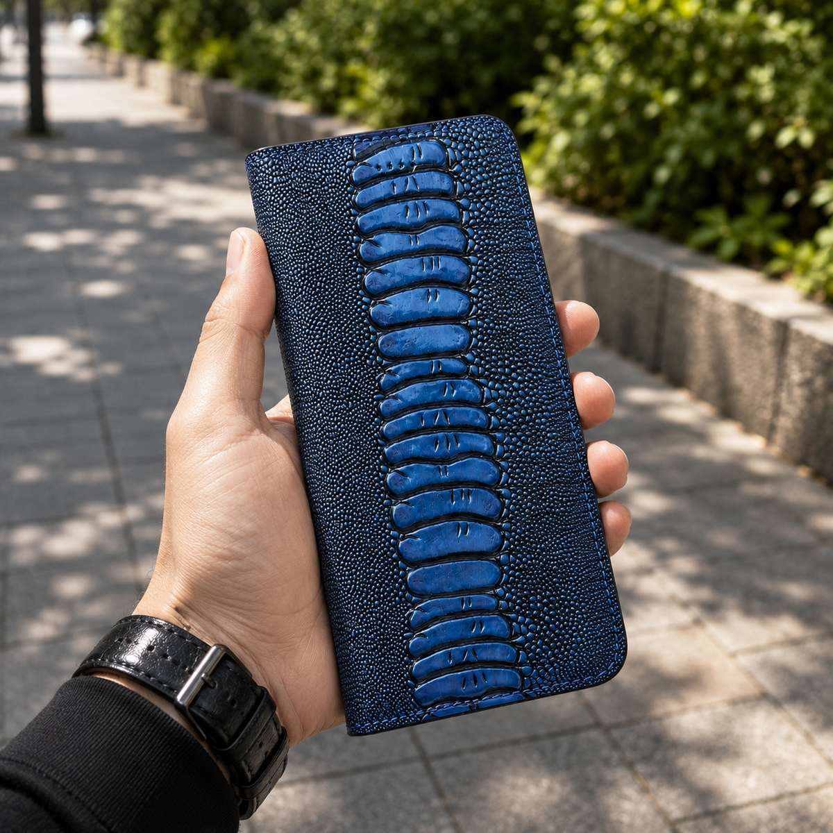 Premium iPhone Case Genuine Ostrich Leather Wallet Cover Camera Lens Protection Magnetic Card Holder Kickstand Anti Scratch Full Coverage