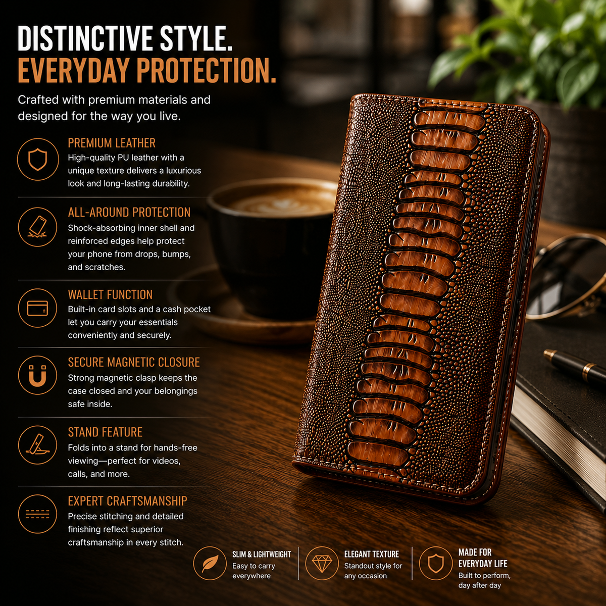 Premium iPhone Case Genuine Ostrich Leather Wallet Cover Camera Lens Protection Magnetic Card Holder Kickstand Anti Scratch Full Coverage