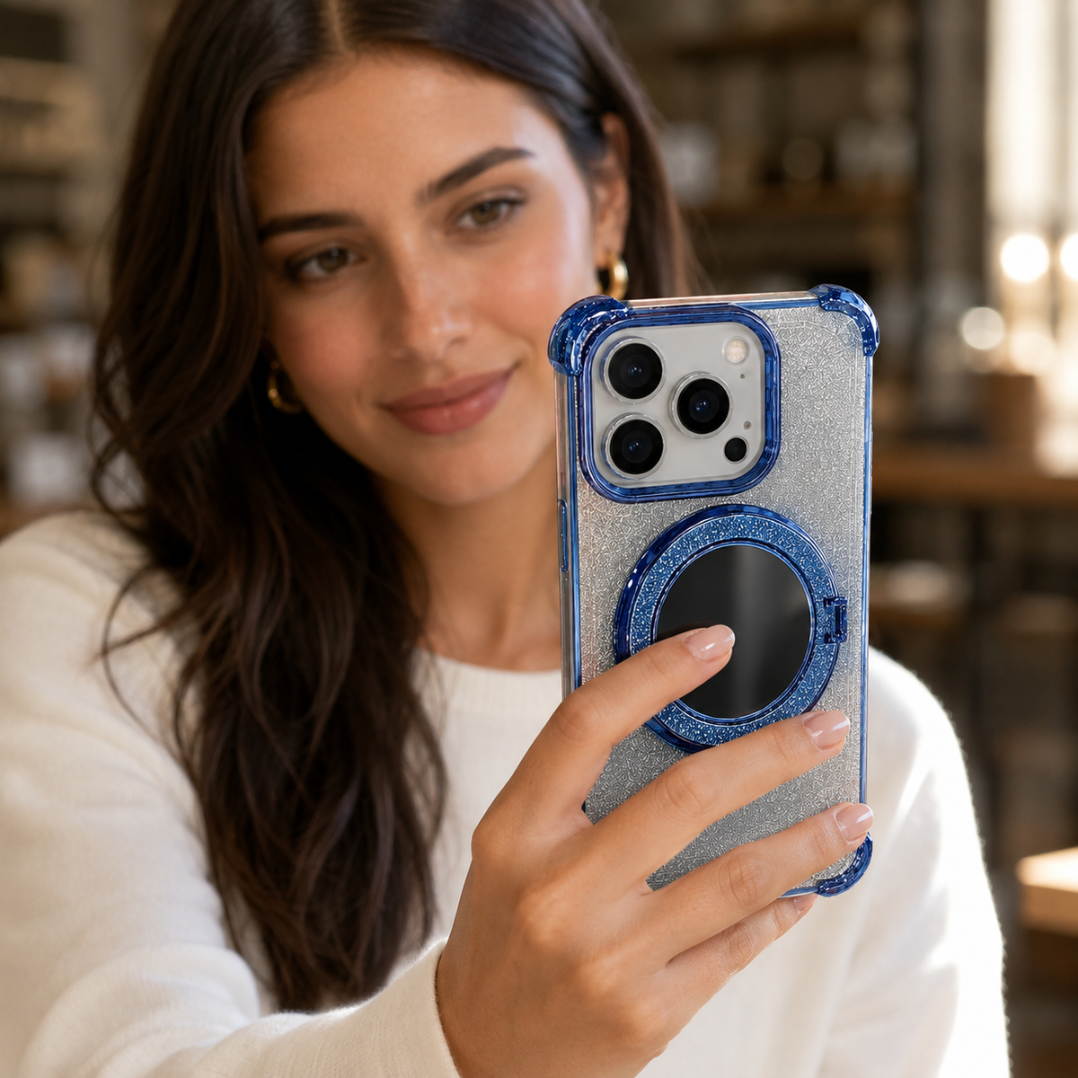 Premium iPhone Case Glitter Mirror Magnetic Bracket Protective Cover Shockproof Silicone Anti Scratch Non Slip Kickstand Lightweight Full Coverage Design
