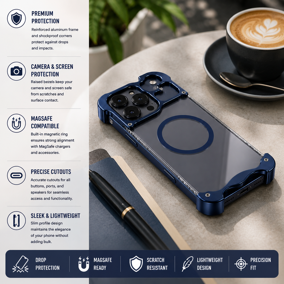 Premium iPhone Case MagSafe Compatible Aluminum Corner Bumper Protective Cover Transparent Back Shockproof Frameless Camera Protection Heat Dissipation Design