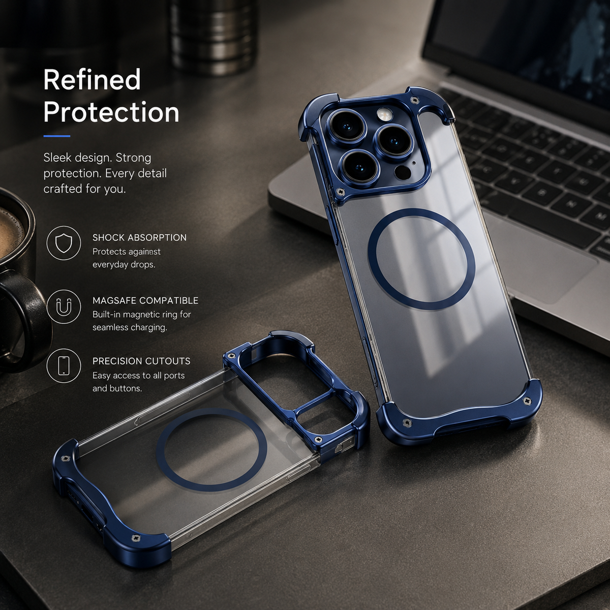 Premium iPhone Case MagSafe Compatible Aluminum Corner Bumper Protective Cover Transparent Back Shockproof Frameless Camera Protection Heat Dissipation Design