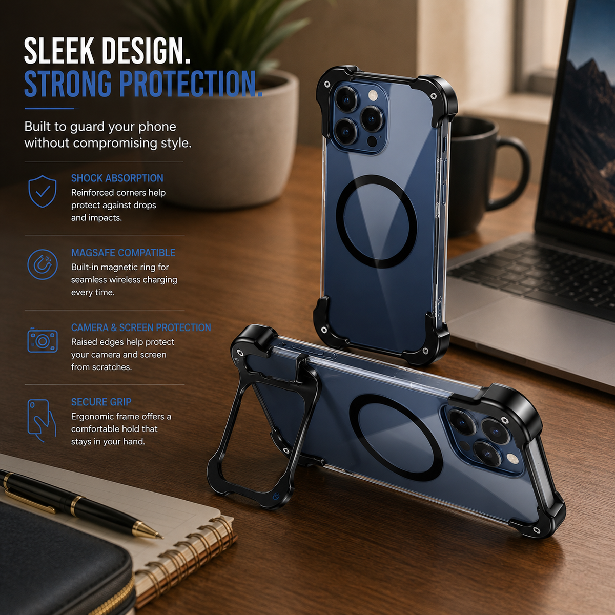Premium iPhone Case MagSafe Compatible Aluminum Corner Bumper Protective Cover Transparent Back Shockproof Frameless Camera Protection Heat Dissipation Design