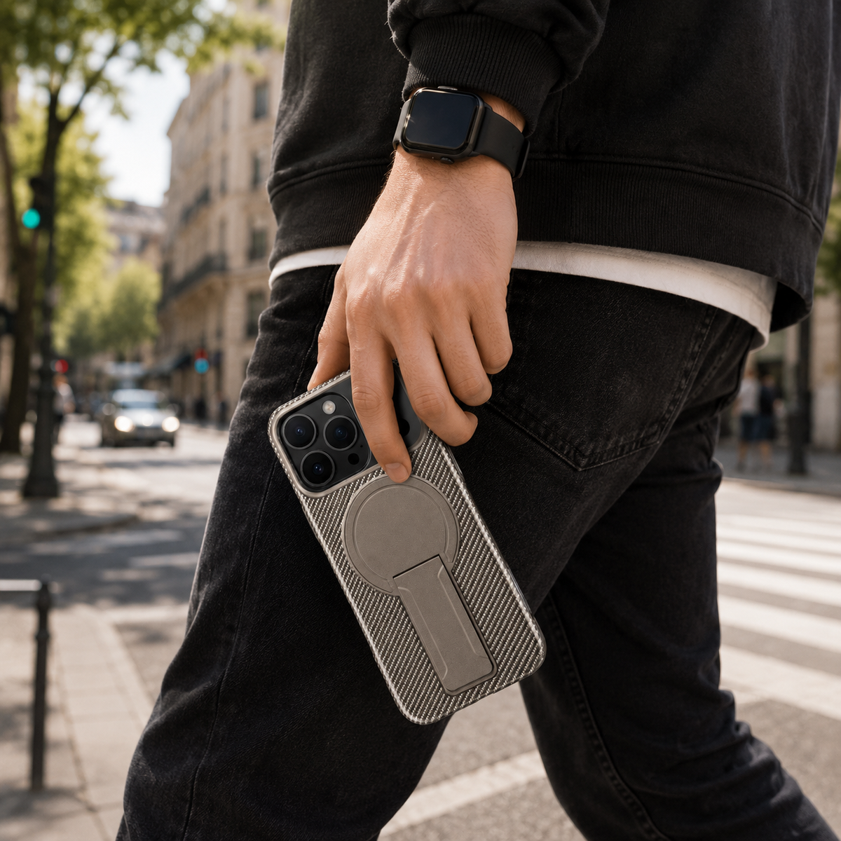 Premium iPhone Case MagSafe Compatible Carbon Fiber Pattern Fold Stand Magnetic Shockproof Protective Cover PC TPU Military Armor Camera Protection Full Coverage