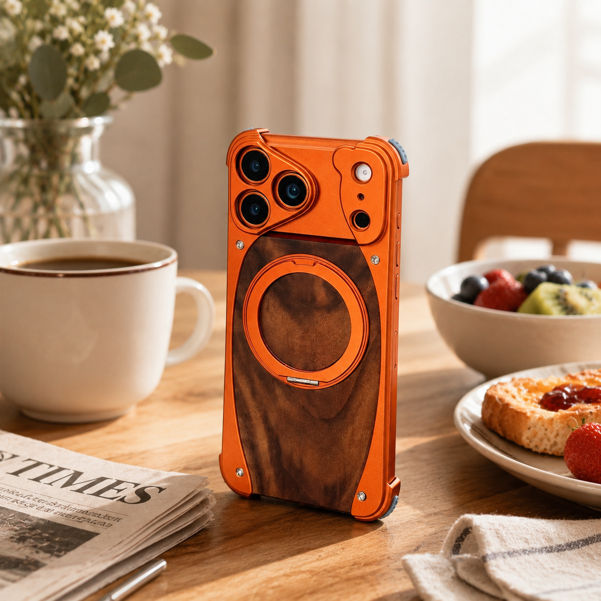 Premium iPhone Case MagSafe Compatible Magnetic Metal Frame Walnut Wood Cover 360 Rotating Ring Stand Shockproof Camera Protection Slim Design
