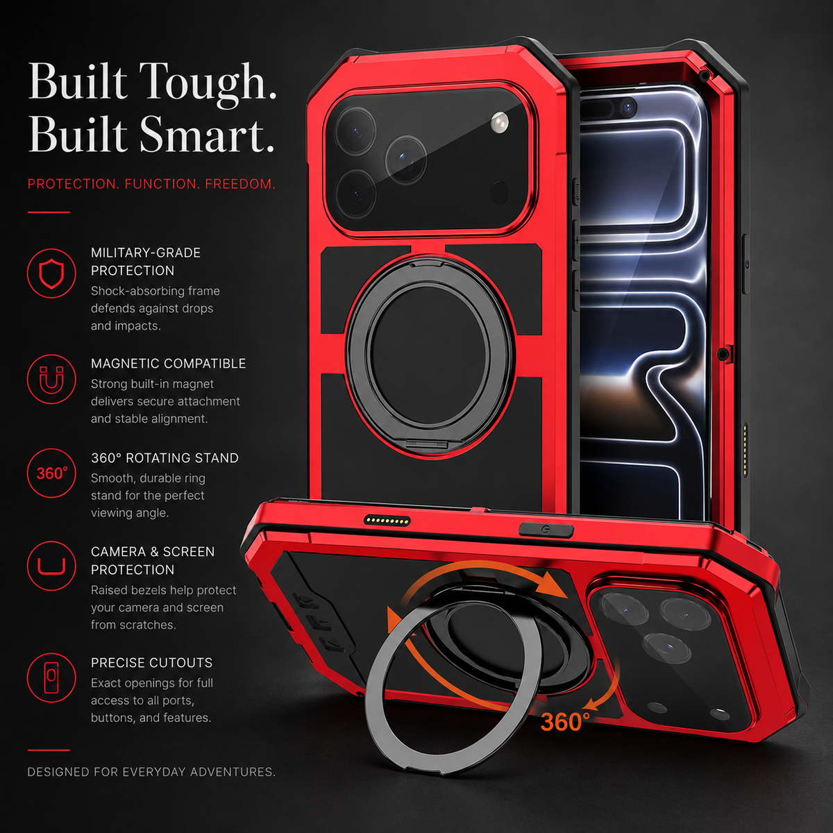 Premium iPhone Case MagSafe Compatible Magnetic Protective Cover Aluminum Armor Frame Built-in Kickstand Glass Screen Protector Shockproof Full Body Design