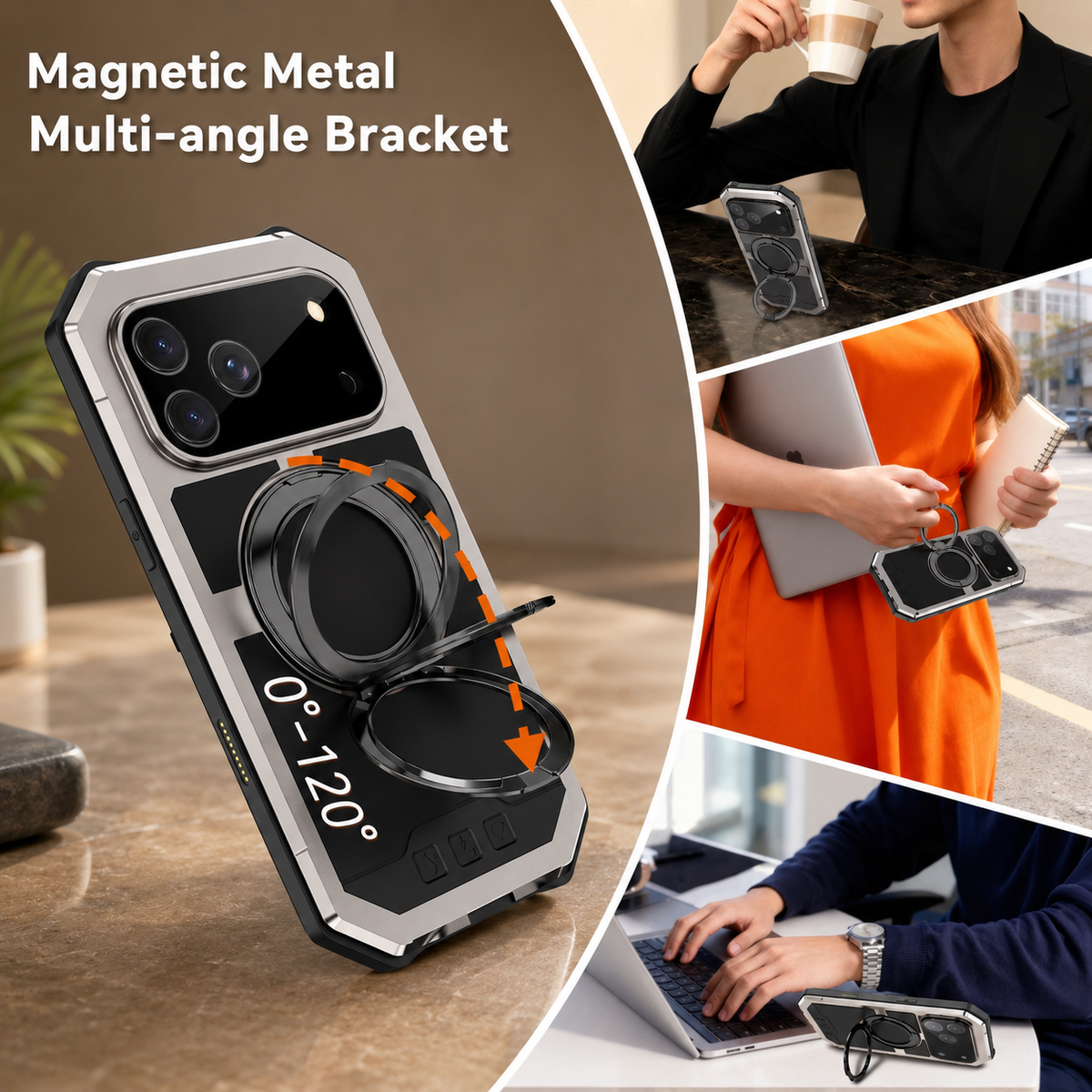 Premium iPhone Case MagSafe Compatible Magnetic Protective Cover Aluminum Armor Frame Built-in Kickstand Glass Screen Protector Shockproof Full Body Design
